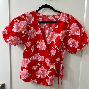 Old Navy Red Flutter Sleeve Wrap Blouse